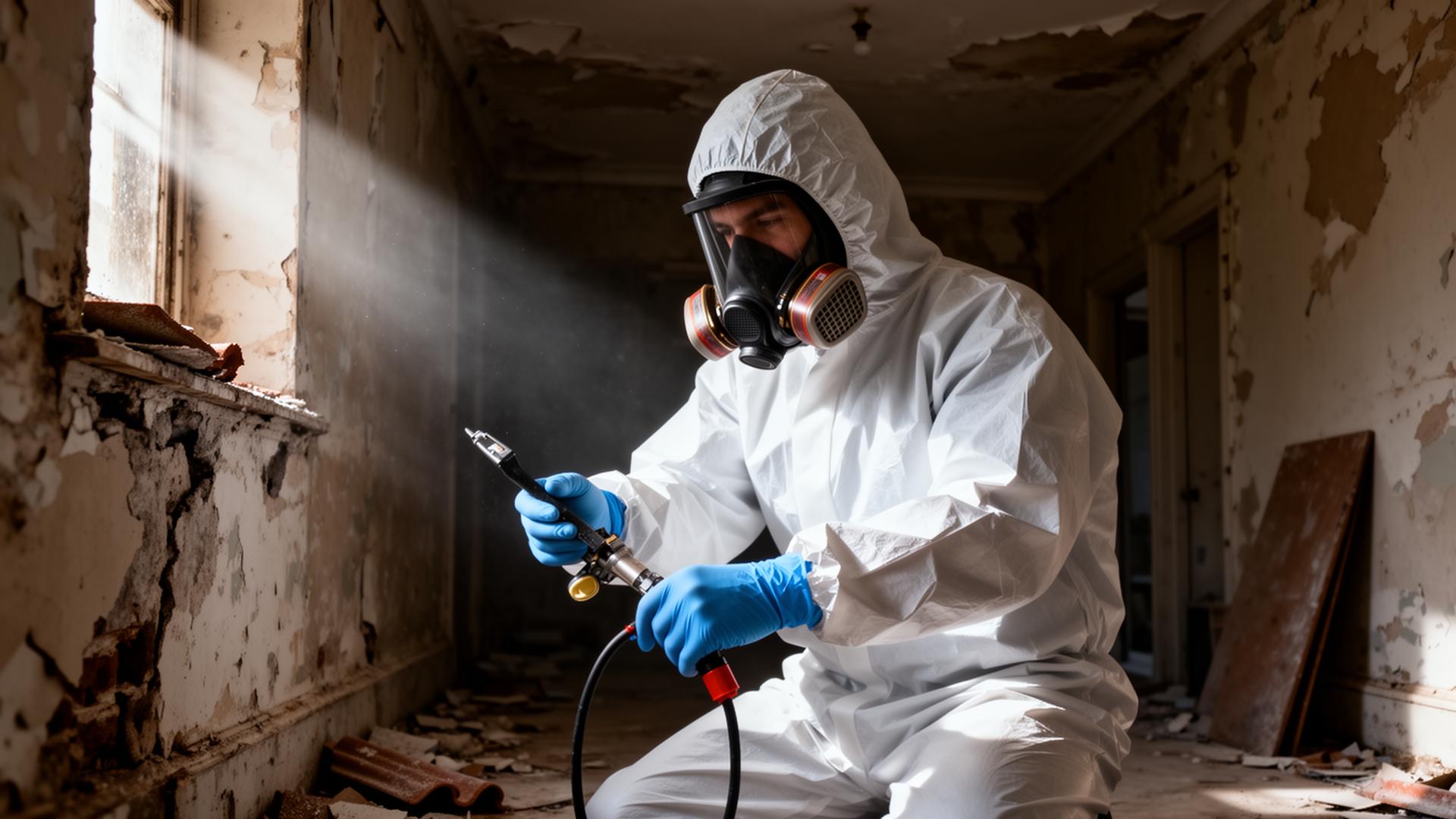 HSE licensed asbestos removal specialist working safely in protective hazmat suit